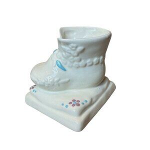 Vintage 1997 Ceramic Baby Boot Planter, Ivory Light Blue Pottery Planter, Baby